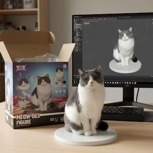 Könnte beinhalten: Grau-weiße Katzenfigur auf einer weißen, kreisförmigen Basis. Die Figur befindet sich vor einem Computermonitor, der ein 3D-Modell der Katze anzeigt. Eine Schachtel mit den Worten "MEOW-DEL FIGURE" und Bildern der Katze ist im Hintergrund geöffnet.
