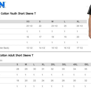 May include: A sizing chart for Gildan Heavy Cotton T-shirts. The chart includes measurements for youth and adult short sleeve tees, detailing body length, width, and sleeve length in inches. A person is wearing a black t-shirt to show the measurement points.