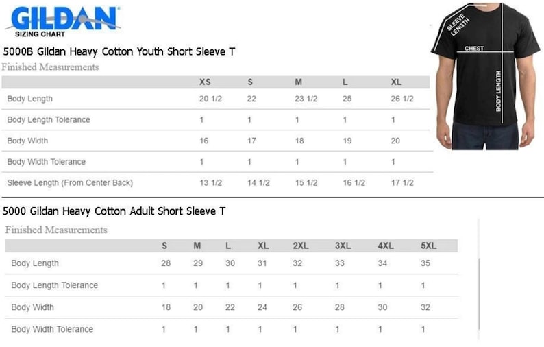 May include: A sizing chart for Gildan Heavy Cotton T-shirts. The chart includes measurements for youth and adult short sleeve tees, detailing body length, width, and sleeve length in inches. A person is wearing a black t-shirt to show the measurement points.