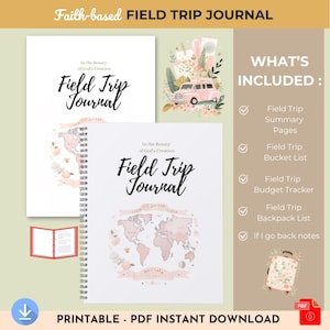 Puede incluir: Un diario de viaje de espiral blanco con el texto "Field Trip Journal" en escritura elegante. El diario incluye un diseño de mapa del mundo y las palabras "In the Beauty of God's Creation". La imagen también muestra una lista de características incluidas.