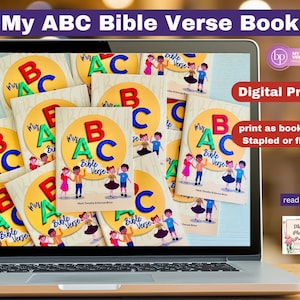 May include: A laptop screen displaying a digital product for a children's alphabet book with Bible verses. The book cover features colorful letters and illustrations. The text on the screen reads "My ABC Bible Verse Book" and "Digital Product".