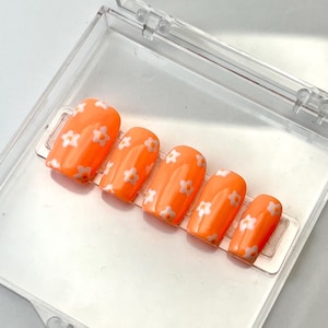 Neon Orange Flower Press On Nails: Vibrant Mini Floral, Custom Sized