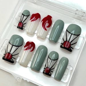 Tanjiro Kamado Demon Slayer Press On Nail Set | Demon Slayer Cosplay | Anime Nails | Reusable Hand Painted Nails | Tanjiro Earrings