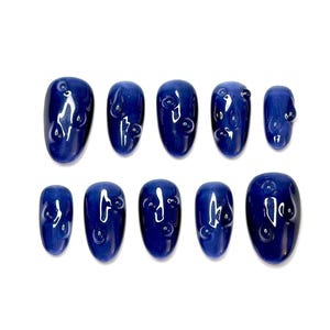 Rainy Day Storm Cloud 3D Raindrop Press On Nails: Textured Fidget Nails, 3D Dew Drop, Dark Spring Nails, Jelly Gray Blue