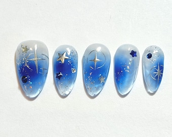 Uñas postizas Jelly Blue Aura: Diseño de estrella espacial hecho a mano, uñas K-Pop, uñas de concierto en azul