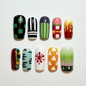 Pintado a mano Demon Slayer Hashira inspirado prensa en el juego de uñas, Infinity Castle Kimetsu no Yaiba Nails, Nezuko, Tanjiro, Zenitsu, Giyu, Obanai