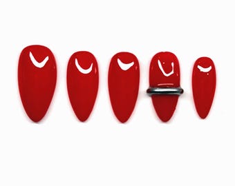 Mars + Silver Ring Press On Nails: SKULLPANDA City of Night Law Executor, Bright Red Medium Almond, Customizable, 3D Ateez Golden Hour, BTS