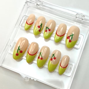 Hand Painted Cherry Lime French Tip Nail Set: Bright Summer Fruit Design
