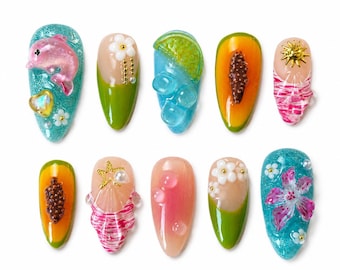 Midnight Sun Press On Nails: Hand Painted Zara Larsson Nails, Lisa Frank, Ocean Beach, Dolphin, Tropical Vacation, Papaya, Y2k, Pink Flower