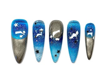 Ocean Sapphire Press On Nails: Handmade Space Theme Star Design, September Birthstone, Glitter Jelly Blue, Silver Chrome French Tip