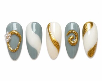 Dusty Sage Luxe Simplistic Nails: Elegant Milky White Nails, Handmade and Customizable, Pearl Details, Medium Almond