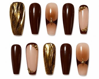 Chocolate Gold 3D Press On Nails: Brown Aura Nail, Neutral Vacation, Ethereal Earth Angel Nails, Hand Painted, Long Coffin, Customizable