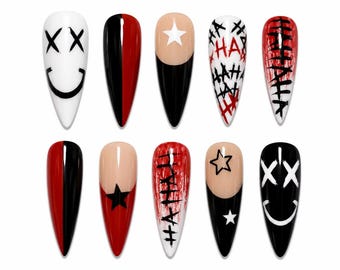 Red and Black Harlequin Comic Press On Nails: Cosplay, Halloween Costume, Joker Card, Dark Red Graffiti