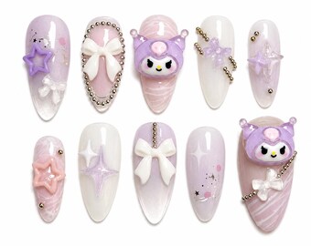Lavender Kuromi Sanrio Kawaii Reusable Press On Nails: Hello Kitty Friends, Almond Nails, Pastel Purple Aura With 3D Charms, Douyin Nails