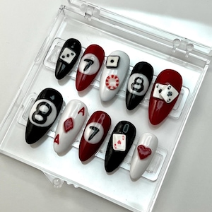 Vegas 3D Casino Billiards Press On Nail Set | Gambling Nails | Reusable Handmade Custom Press ons | Party Nails | 8 Ball | Poker Ace Cards