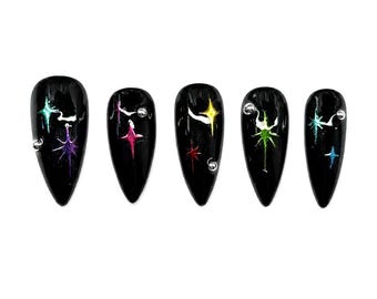 Rainbow Chrome Gradient Star Press On Nails: Black Simple Nail Designs, Pride Month, Ombre Rainbow, Outer Space, Metallic Chrome