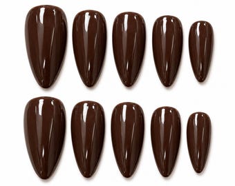 Chocolate Pudding Plain Brown Press On Nails: Minimal Fake Nails, Short Almond Customizable, Fall Neutral Simple Nail Design, Cocoa Brown