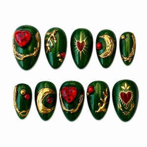 Metallic Green + Gilded Gold Press On Nails: Royal Princess, Emerald Green Nails, Tamlin Feyre ACOTAR, Wicked Elphaba, Forest Fairy, LOTR