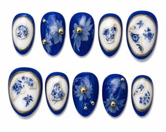 Porcelain Flower Press On Nails: Reusable and Handmade, Fine China Inspired Nail Set, Blue and Gold Chinese Nails, Summer Nails Short Almond