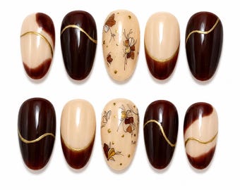 Cozy Neutral Autumn Press On Nails: Brown Fall Leaves, Custom Sizing, Handmade & Reusable, Minimalist Fall Nails, Neutral Colors