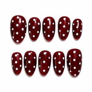 Ruby Red and White Polka Dot Press Ons: Every Day Nail Design, Burgundy Fall Colors, Deep Red, Jelly Nails