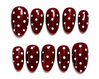 Ruby Red and White Polka Dot Press Ons: Every Day Nail Design, Burgundy Fall Colors, Deep Red, Jelly Nails