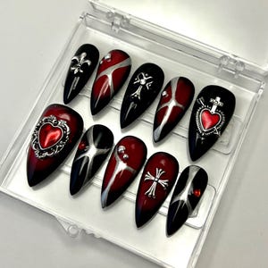 Dark Red Ombre Gothic Press On Nails: Silver Charms, Stiletto Halloween Nails