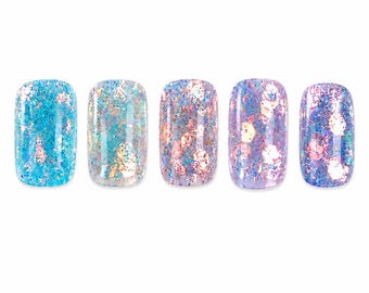 Holographic Mermaid Encapsulated Glitter Press On Nails: Bright Summer Nails, Vacation Ocean Theme, Iridescent, Customizable