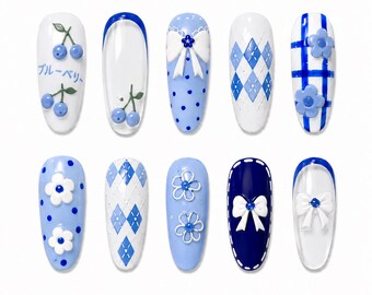 Summer Blueberry Picnic Press On Nails: Handmade Reusable Summer Nails, Simplistic Spring Flower Design, Fruit Theme, Argyle Print Blue