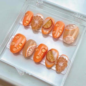 Orange Citrus Summer 3D Press On Nail Set | Reusable Press Ons | Custom Sizing | Citrus Orange Nails | Handmade Custom Nails | 3D Nails