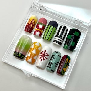 Hand Painted Demon Slayer Character Inspired Glue On Nail Set | Tanjiro, Obanai, Kanroji, Rengoku, Tomiyoka, Muichiro, Uzui, Zenitsu, Nezuko