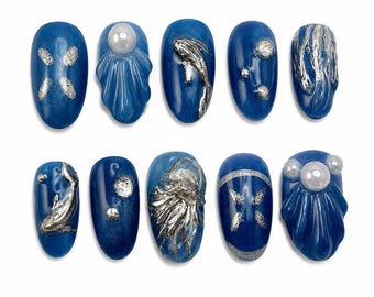 Deep Sea Holographic Jellyfish Press On Nails: Handmade Ocean Nails, Whale Theme, 3D Ocean, Beach Clam Nails, Vacation Tropical, Sea Animal