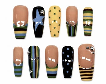Retro Colors Funky Press On Nails: Hand Painted Stripes + Stars, Silver Stud Nails, Y2k Style, Fun Coffin Nails, French Tip, Sweater Nails