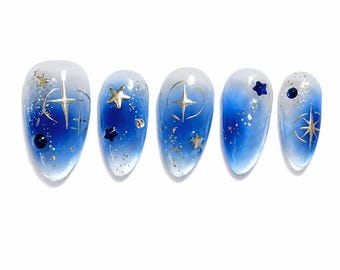 Jelly Blue Aura Press On Nails: Handmade Space Theme Star Design, KPop Nails, Concert Nails Blue