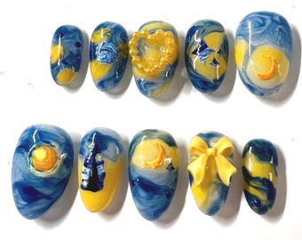 Starry Night Inspired Press On Nails: Hand Painted Art Gallery Nails, Customizable, Van Gogh Nails