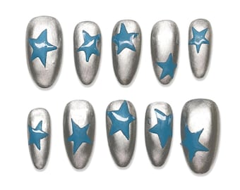 Light Blue Hand Painted Stars on Silver Metallic Base Press On Nails: Space Theme Star Design, KPop Nails, Silver Metallic, Apres Silk Cover