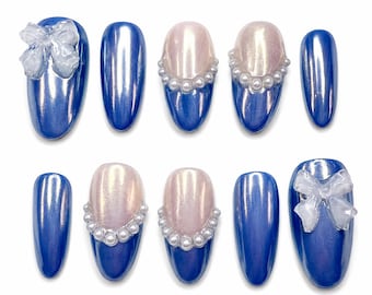 Baby Blue French Tip Chrome Press On Nails: Short n Sweet Tour, Sabrina Carpenter Inspired Nails, Cute Elegant Nails, Blue Chrome, Pearls