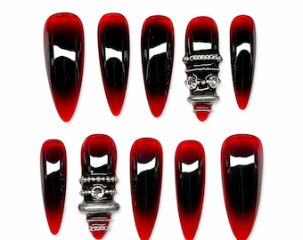 Bloody Vampiric Black Aura Press On Nails: Jelly Red Translucent Nails, Halloween Spooky Dark Fall, Goth Grunge, Silver Jewelry Design