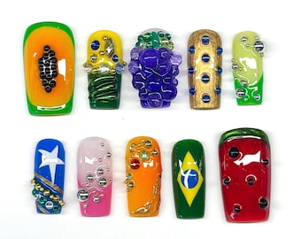 Hootie Frutti Katseye Press On Nails: Eyekon Merch, Brazil Flag, 3D Juicy Fruit Nails, Summer Vibes, Rhinestones, Brazilian Funk, Maximalist
