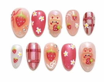 Strawberry Bunny Hand Painted Press On Nails: UV Light Color Changing Bunny Charm, Pastel Kawaii Nails Short, Fruit Nails Summer