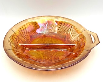 Vintage Marigold Carnival Glass Divided Serving Dish