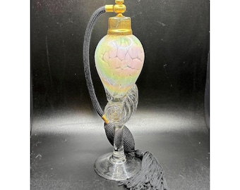 Vintage schillernde Kunst Glas Parfüm Flasche Zerstäuber Pastell Quaste Gold Trim