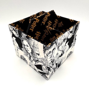 May include: A multi-compartment storage box featuring a black and white illustration of characters. The interior is black with gold text that reads "Harry Potter". The box has a gold trim.