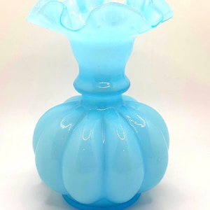 Vintage Fenton Art Glass Opaline Blue Melon Flower Vase