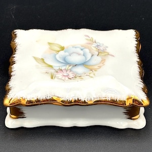 Vintage French Porcelain Trinket Box with Gold Trim and Floral Motif