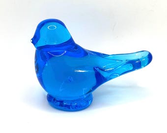 Pássaro de vidro artístico azul cobalto vintage