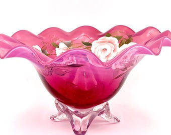 Cuenco Victoria Rose de cristal artístico Fenton antiguo color arándano campestre.