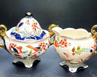 Vintage Japanese Hand Painted Ceramic Sugar and Creamer Set