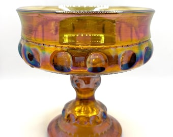 Vintage Indiana Glass King’s Crown Iridescent Amber Glass Compote