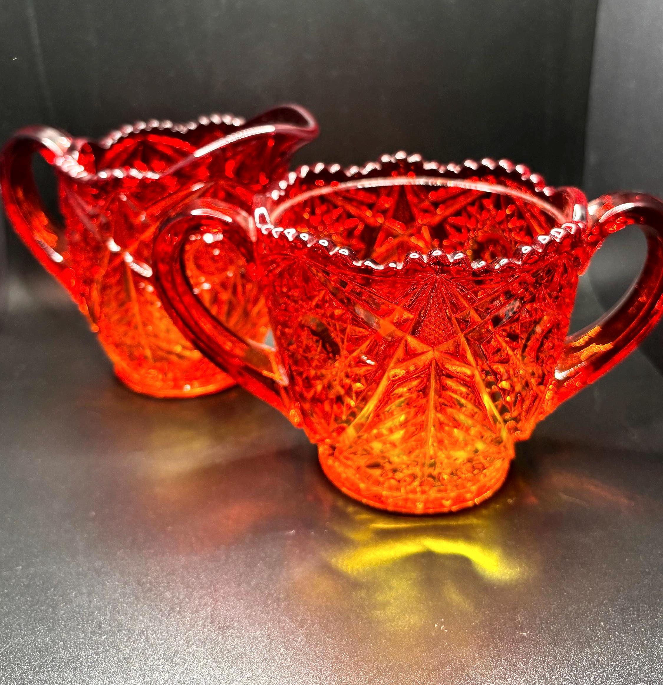 Vintage Viking Glass Amberina Cut Glass Sugar Bowl and Cream